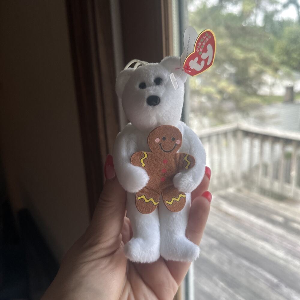 Ty Jingle Beanies Goody Teddy Bear White Christmas Ornament 2005 WT Gingerbread